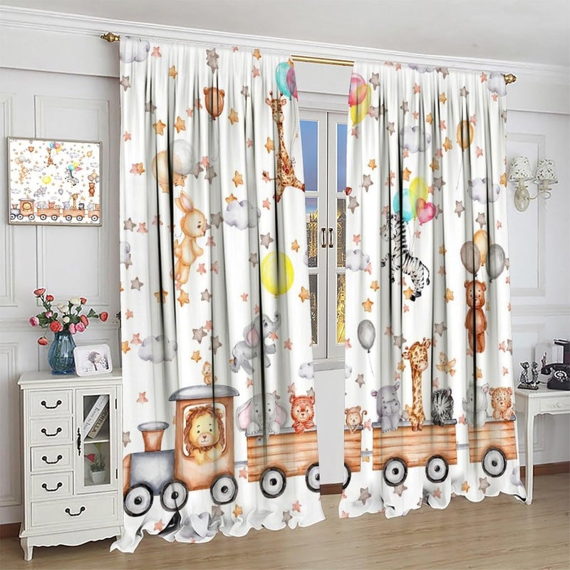 AAVEUP Cartoon Animal Curtains for Kids,Funny Cute Watercolor Forest Animals Lion Giraffe Balloon Bear Stars Window Treatments for Nursery Baby Toddler Boys Girls Bedroom Living Room 42x45in（No Blackout） - Image 5